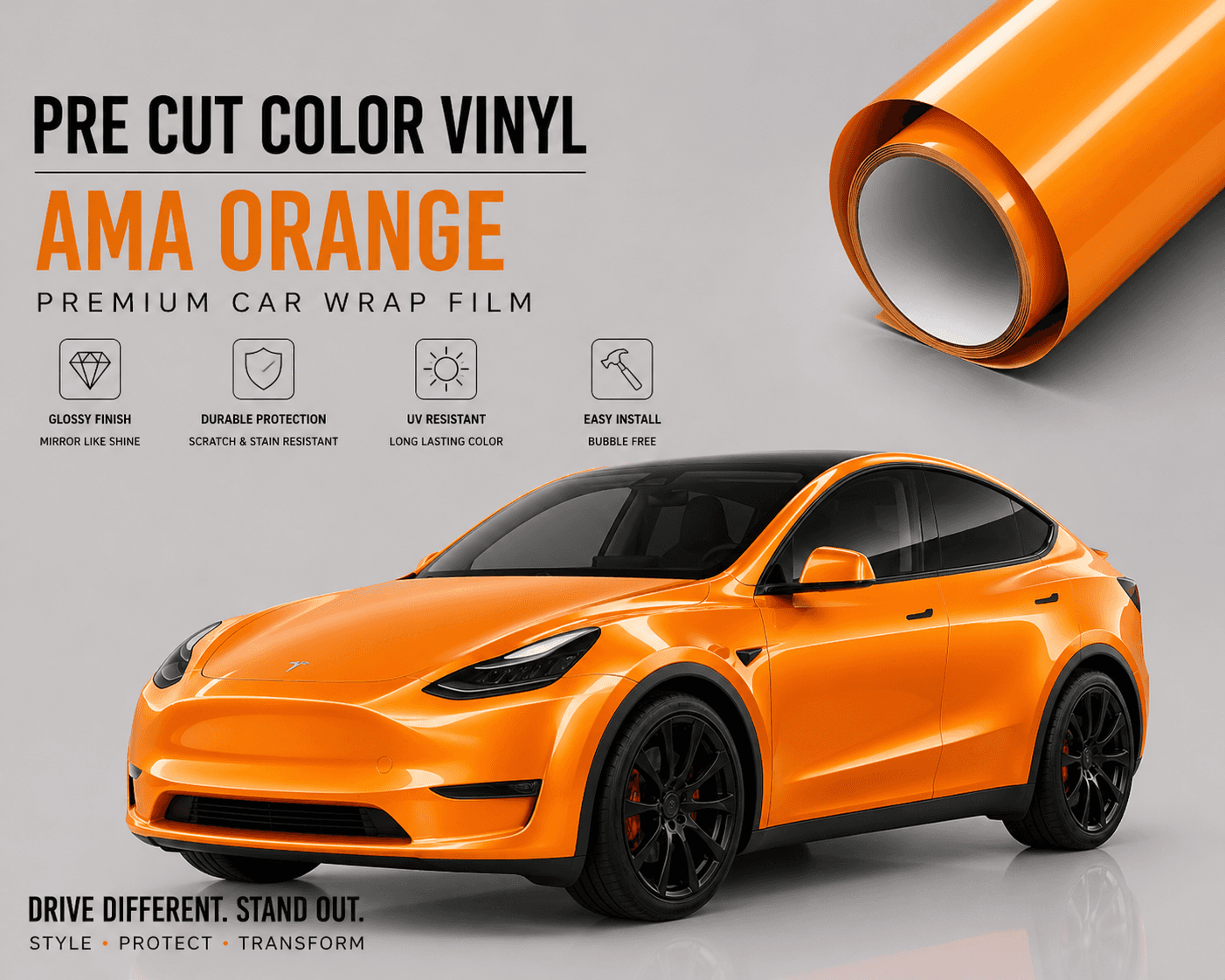 WrapBug Pre-cut Tesla Wrap Kit in AMA Orange glossy vinyl with durable, UV resistant car wrap film