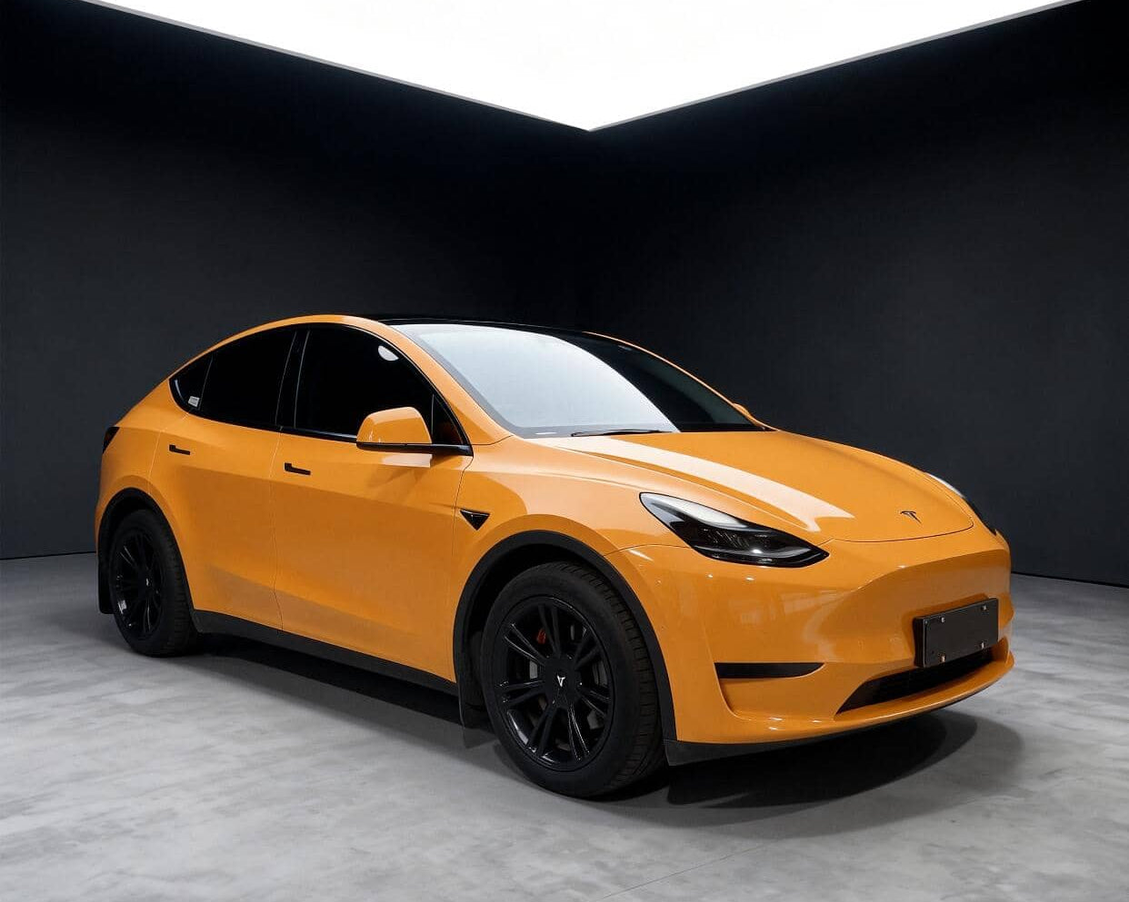 Orange Tesla Model Y featuring WrapBug pre-cut Tesla wrap kit for a sleek custom finish