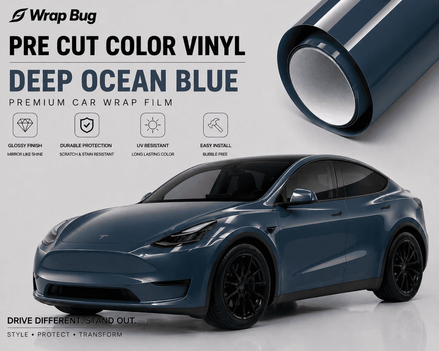 Pre-cut Tesla Vinyl Wrap Kit in deep ocean blue by WrapBug with glossy finish and durable protection