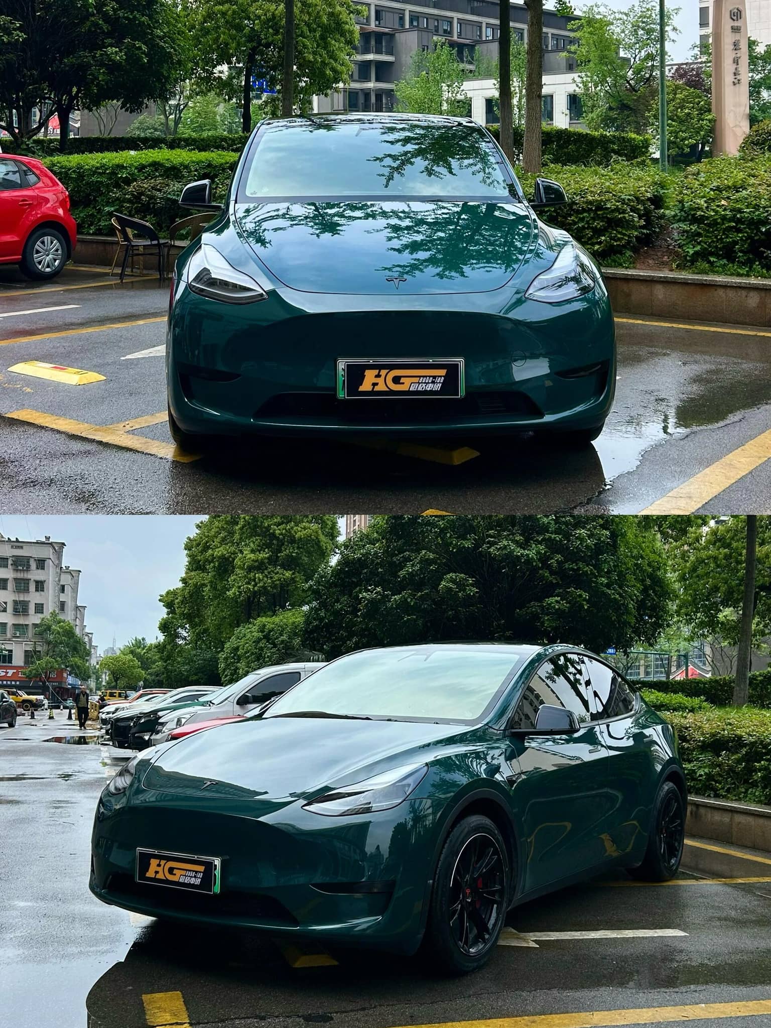 WrapBug Pre-cut Tesla Vinyl Wrap Kit on a dark green Tesla Model Y parked outdoors on a rainy day