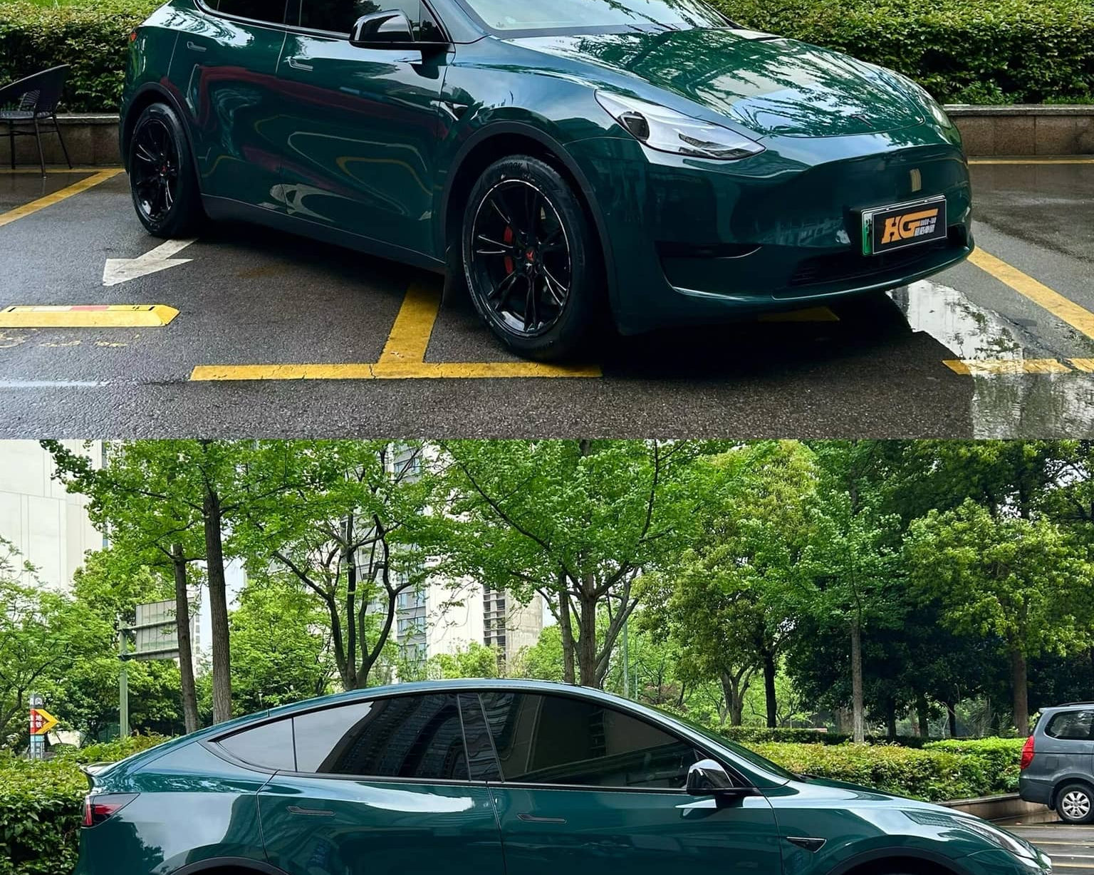 Tesla Model Y wrapped in dark green using the Pre-cut Tesla Vinyl Wrap Kit by WrapBug in urban parking