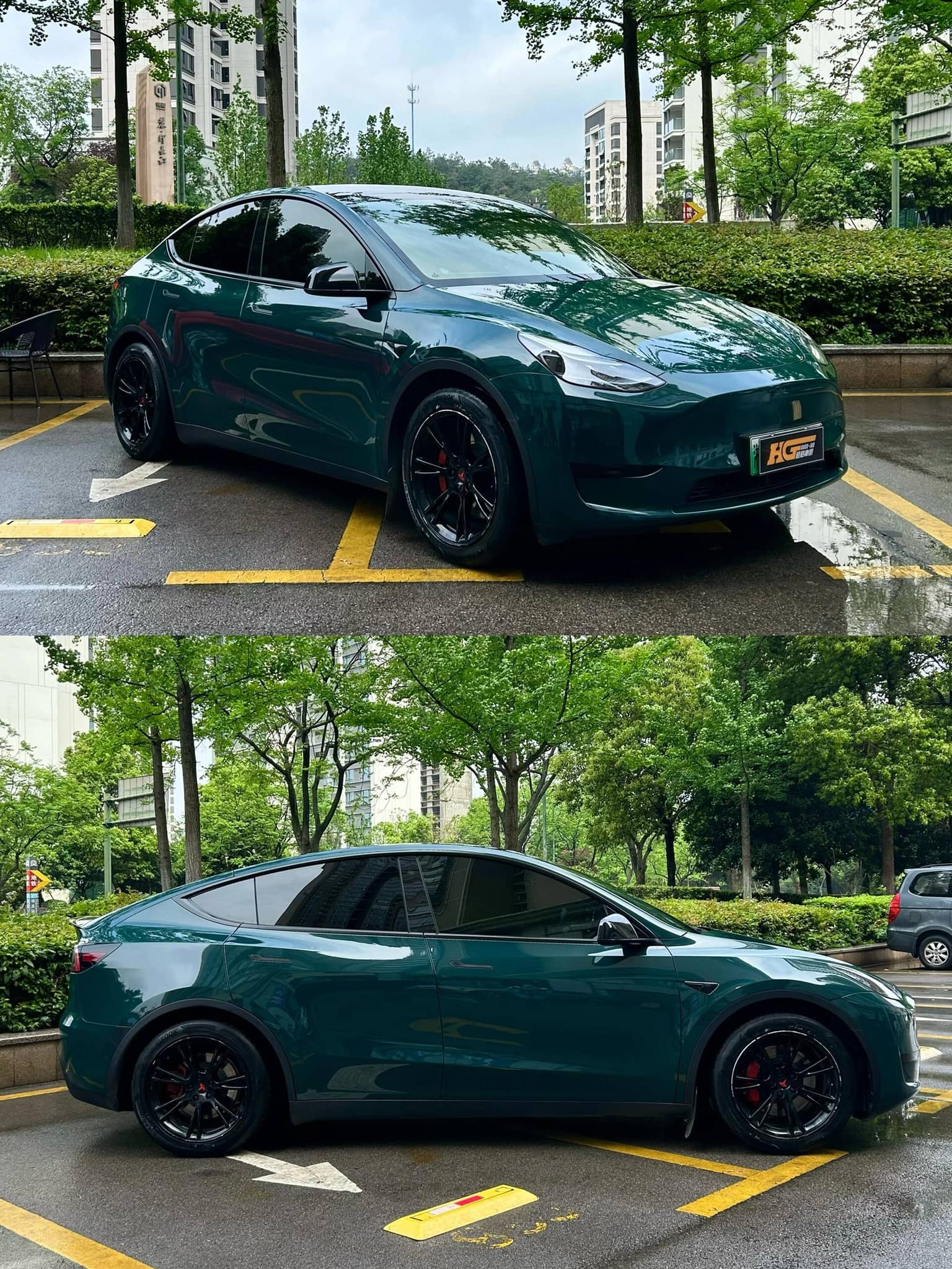 Tesla Model Y wrapped in dark green using the Pre-cut Tesla Vinyl Wrap Kit by WrapBug in urban parking