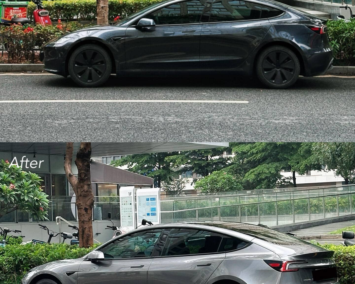 Before and after images of a Tesla featuring a Pre-cut Tesla Vinyl Wrap Kit by WrapBug for a sleek custom finish
