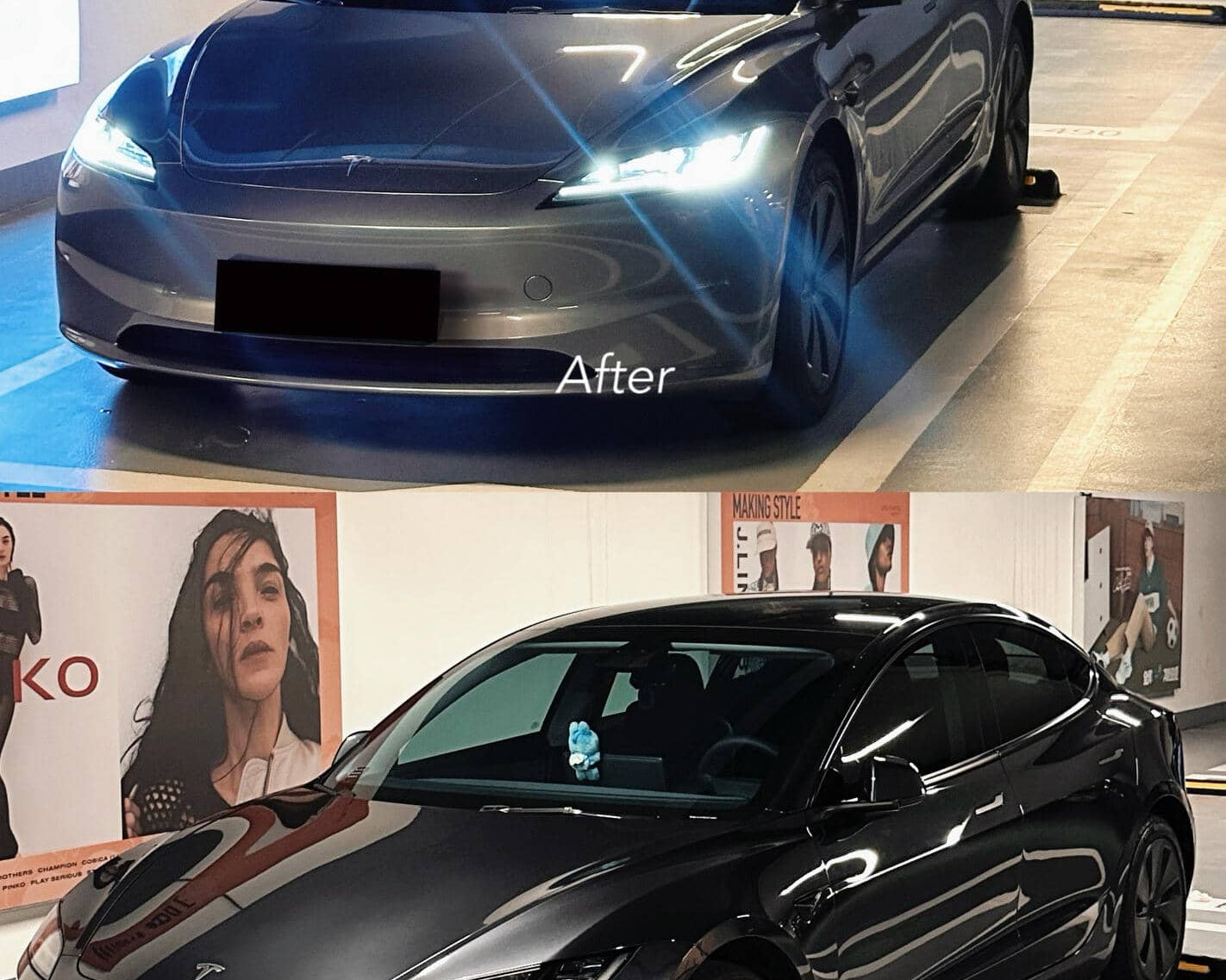 Before and after images of a Tesla with WrapBug Pre-cut Tesla Vinyl Wrap Kit applied in a glossy metallic color