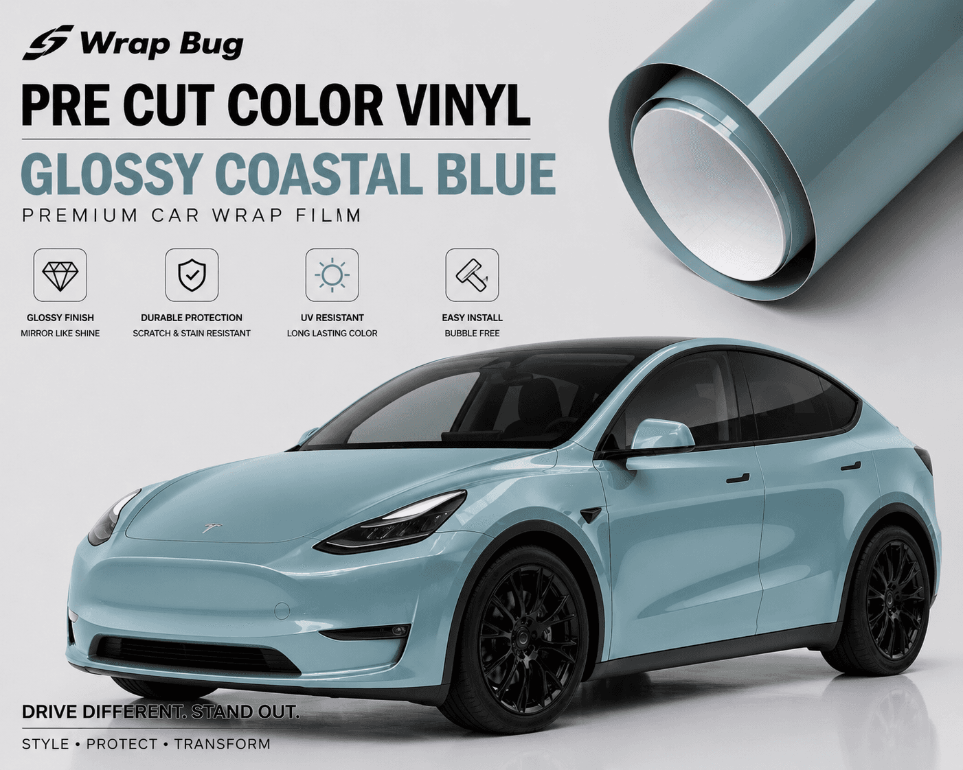 Pre-cut Tesla Vinyl Wrap Kit in glossy coastal blue by WrapBug shown on blue Tesla SUV and vinyl roll