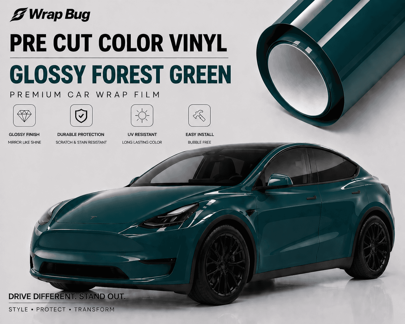 WrapBug Pre-cut Tesla Vinyl Wrap Kit in glossy forest green with durable protection and easy install