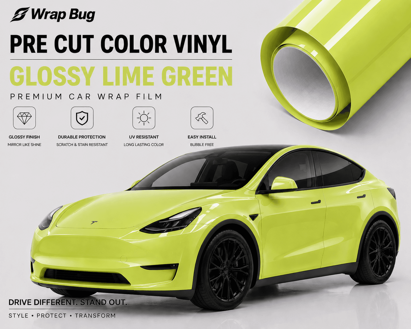 Pre-cut Tesla Vinyl Wrap Kit in glossy lime green applied on a Tesla Model Y with black wheels