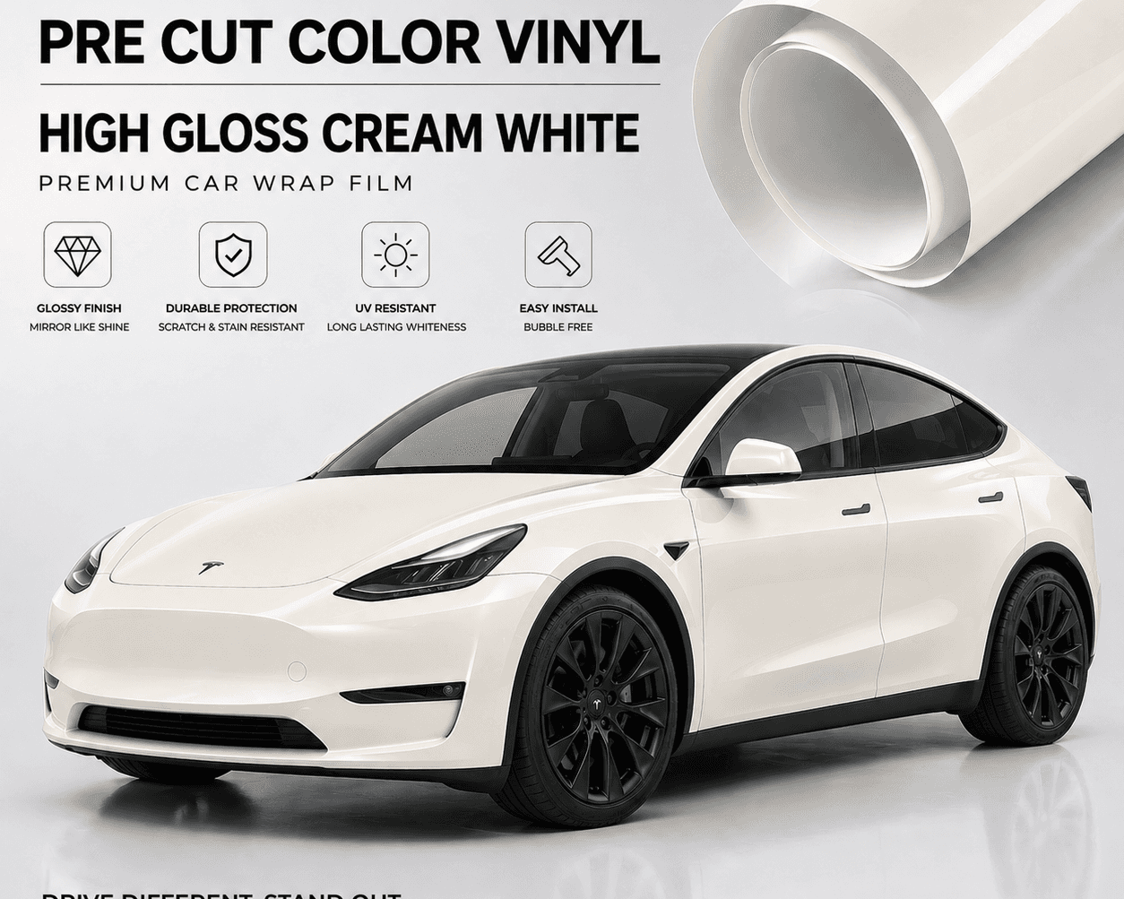 Pre-cut Tesla vinyl wrap kit in high gloss cream white applied on a white Tesla car with roll of vinyl wrap
