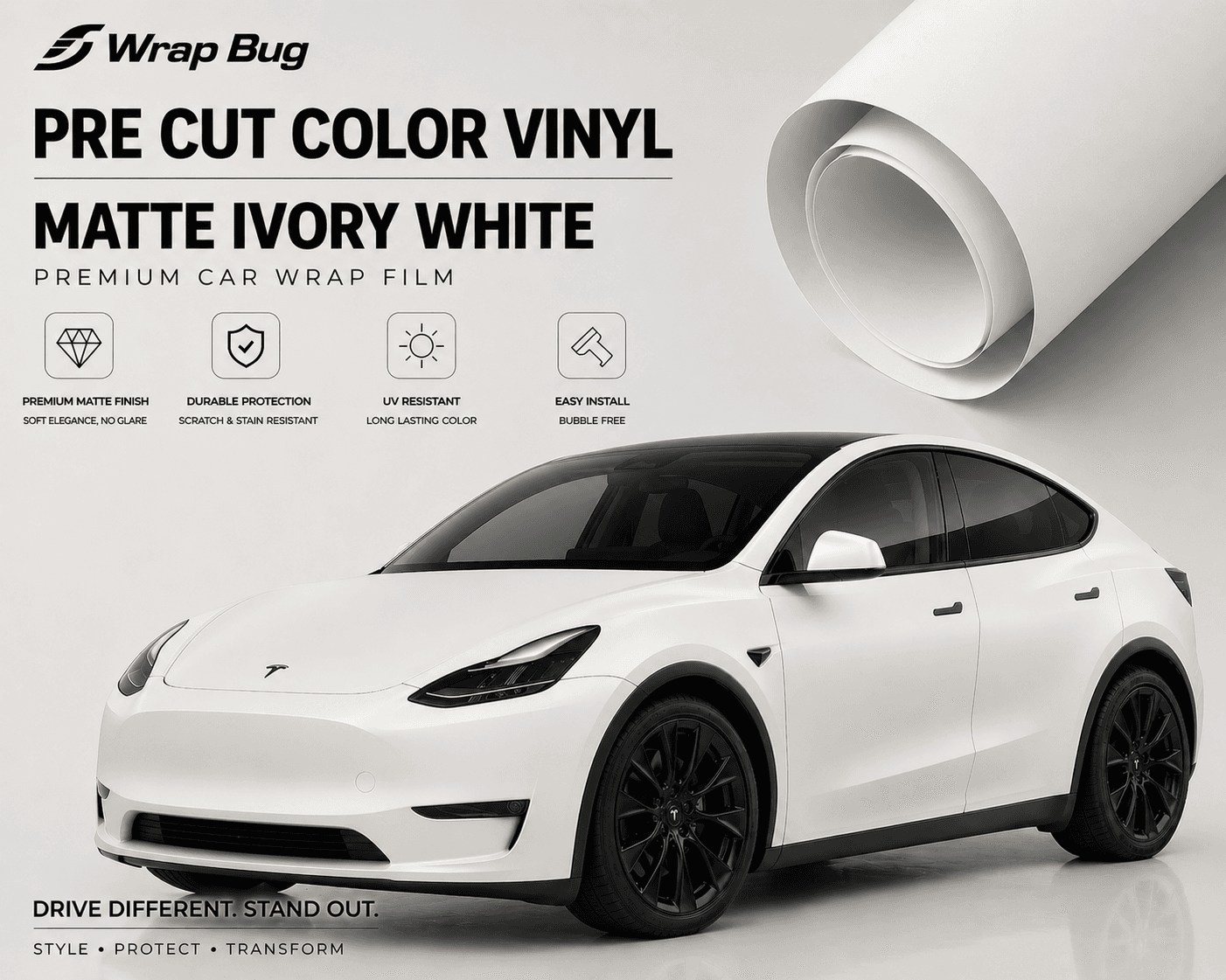 Pre-cut Tesla Vinyl Wrap Kit in matte ivory white showing a wrapped Tesla Model Y with black wheels