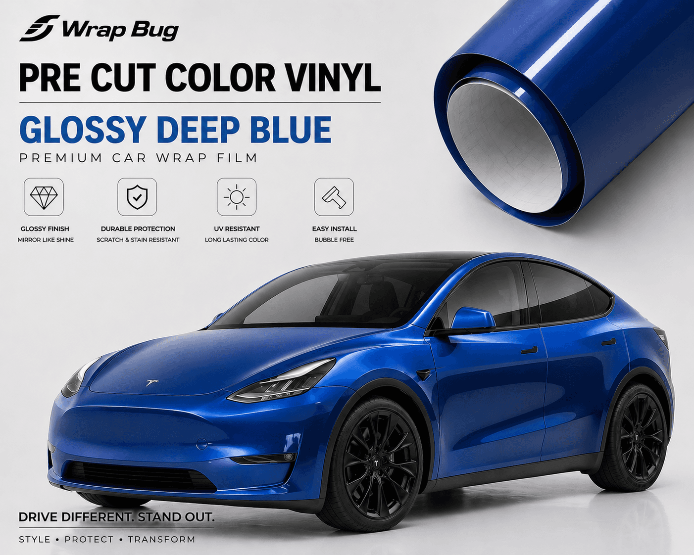 WrapBug Pre-cut Tesla Wrap Kit in glossy deep blue vinyl with durable, UV resistant car wrap film
