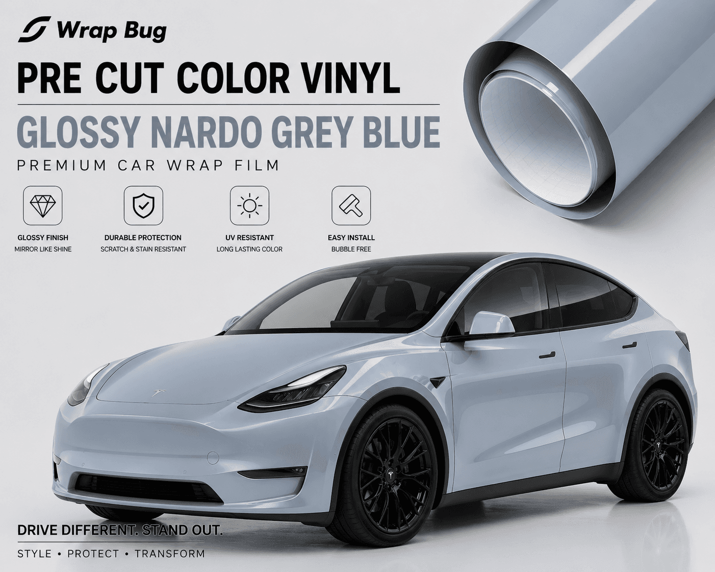 WrapBug pre cut glossy Nardo grey blue vinyl wrap film on a white electric SUV for car protection