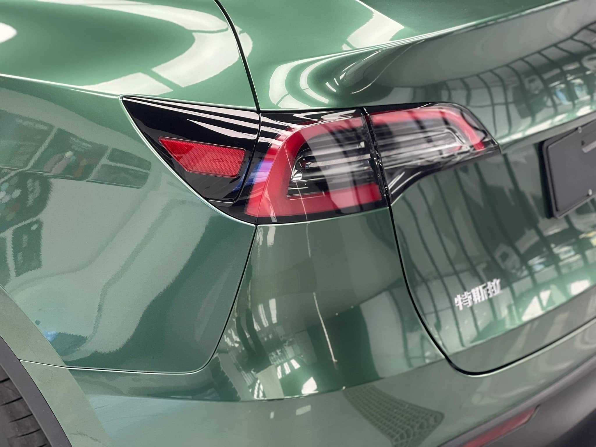 WrapBug Pre-cut Tesla Wrap Kit applied on green Tesla rear tail light and body panel