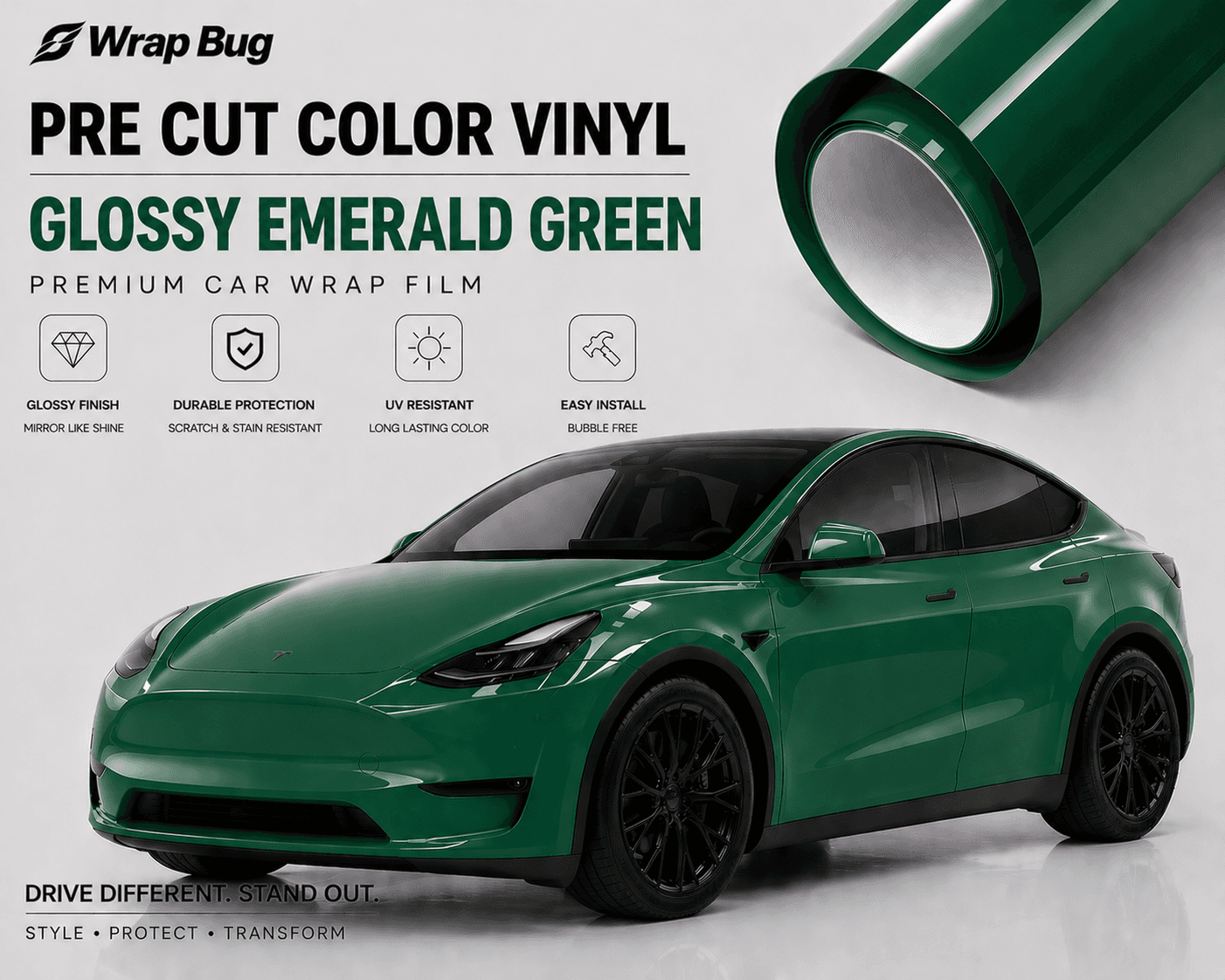 WrapBug Pre-cut Tesla Wrap Kit in glossy emerald green vinyl with durable, UV resistant finish on a Tesla car