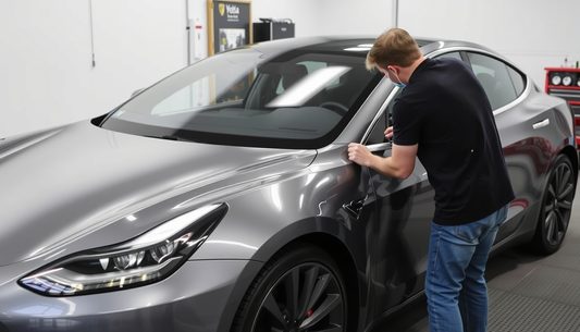 A person applying vinyl wrap on a Tesla car