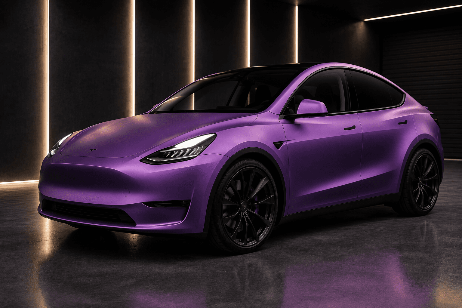Tesla Model Y wrapped in premium matte purple vinyl film with smooth non-reflective finish
