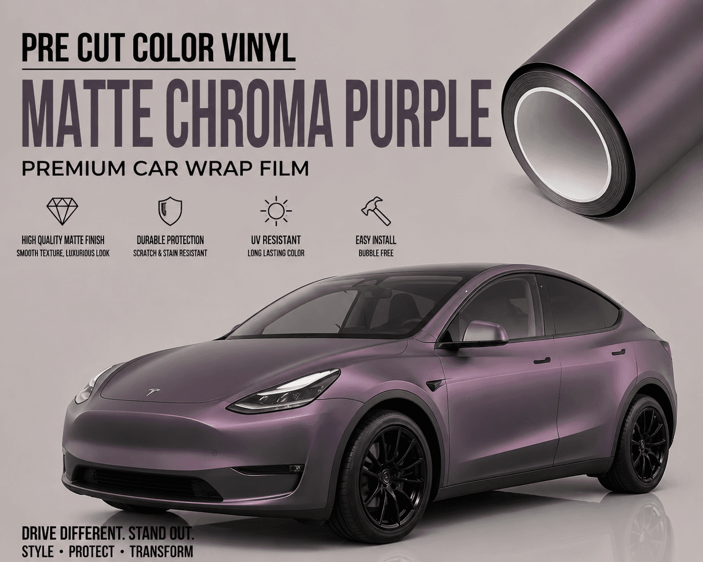 WrapBug Matte Chroma Purple pre cut color vinyl premium car wrap film on a Tesla Model Y