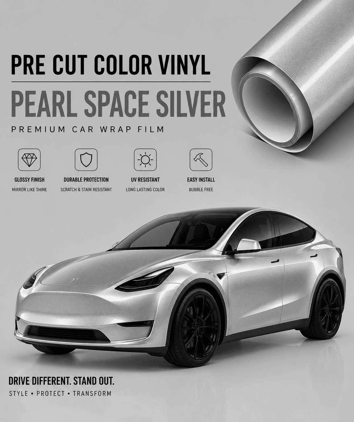 Pre-cut Tesla Vinyl Wrap Kit in pearl space silver with glossy finish and durable UV resistant protection