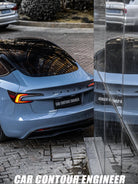 Rear view of blue Tesla wrapped with a glossy Pre-cut Tesla Vinyl Wrap Kit by WrapBug