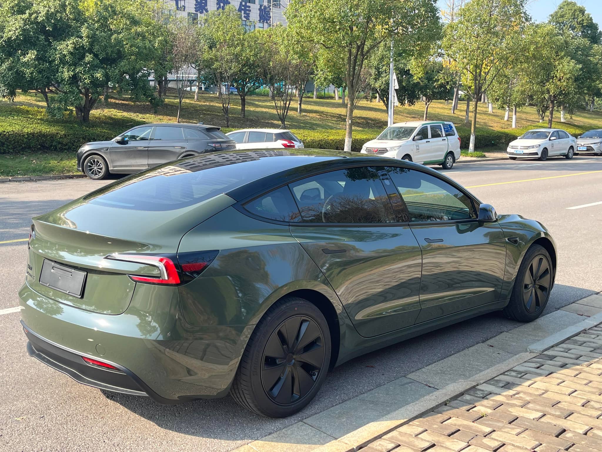 Green Tesla Model 3 electric car parked on street with black wheel covers under clear sky