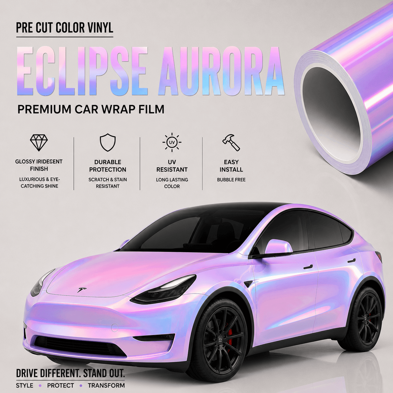 WrapBug Eclipse Aurora premium car wrap film on Tesla Model Y with glossy iridescent pink and purple finish