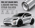 Pre-cut Tesla Wrap Kit in liquid metal star silver vinyl for glossy, durable car wrap protection