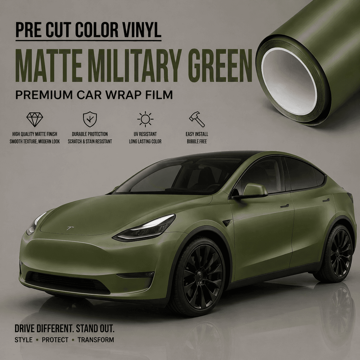 WrapBug matte military green pre-cut color vinyl premium car wrap film on Tesla Model Y