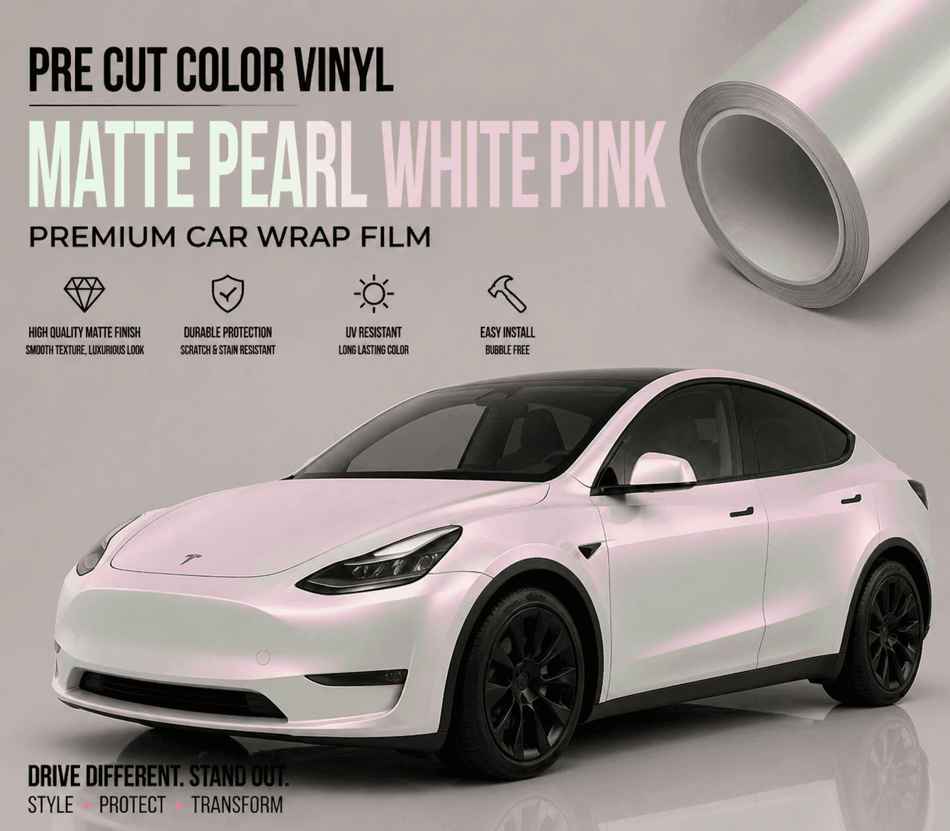 WrapBug matte pearl white pink pre cut color vinyl premium car wrap film on Tesla Model Y