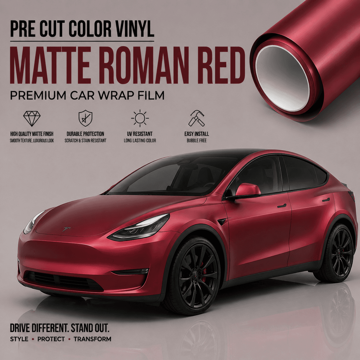 Matte Roman Red premium car wrap film by WrapBug shown on a red Tesla Model Y with smooth matte finish