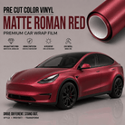 Matte Roman Red premium car wrap film by WrapBug shown on a red Tesla Model Y with smooth matte finish