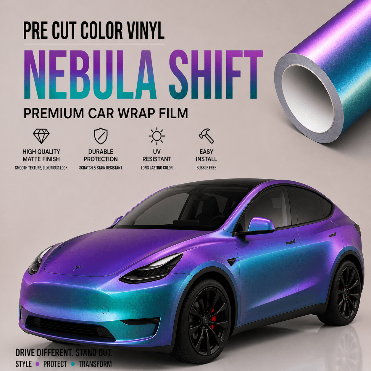 Tesla Model Y with matte finish and color shift effect