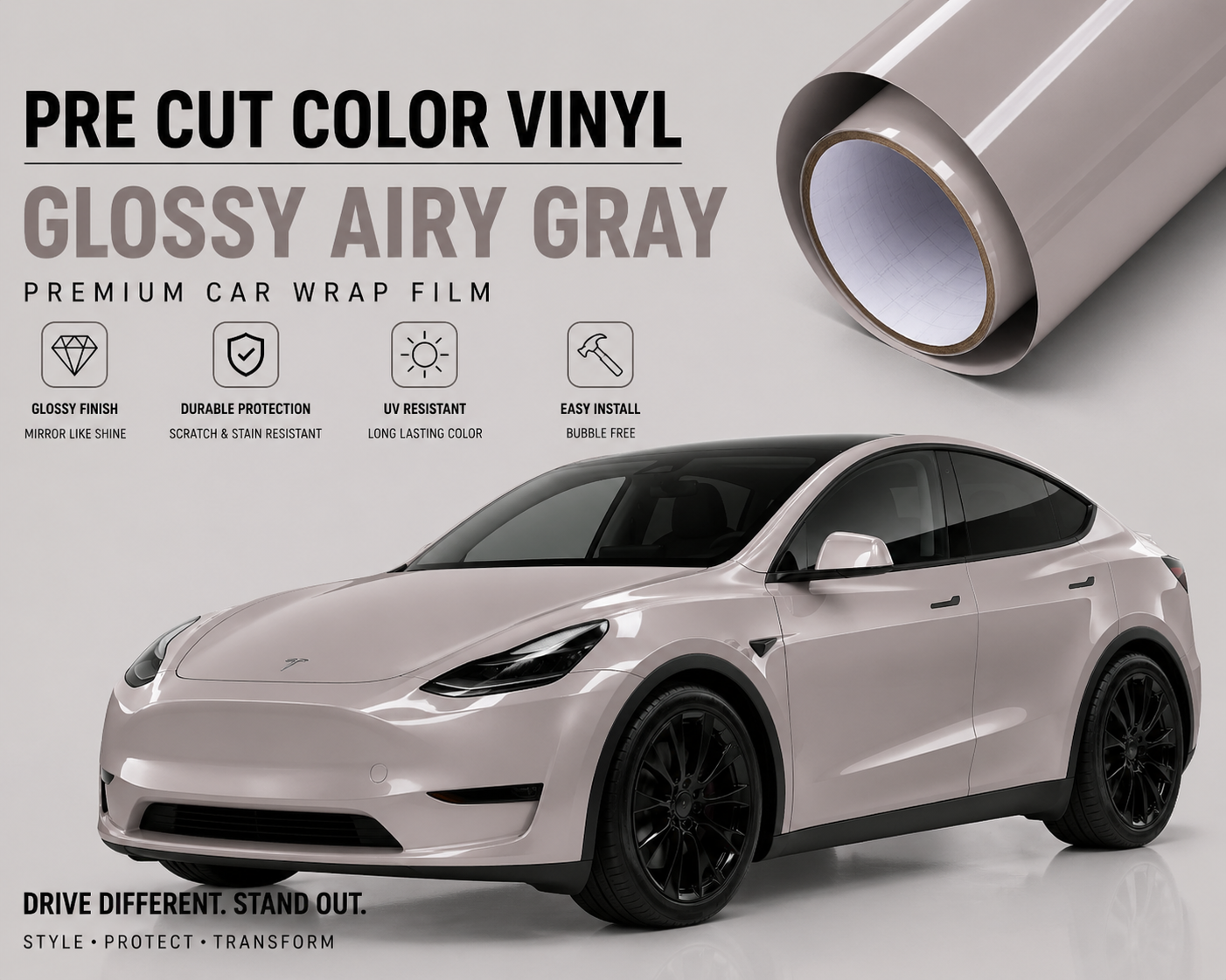 Pre-cut Tesla Vinyl Wrap in glossy airy gray showing premium car wrap film on a Tesla Model Y