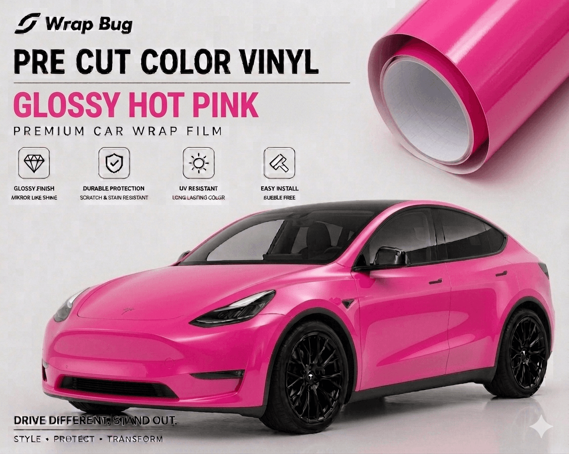 Glossy hot pink pre-cut Tesla vinyl wrap applied on Tesla Model Y for vibrant car customization