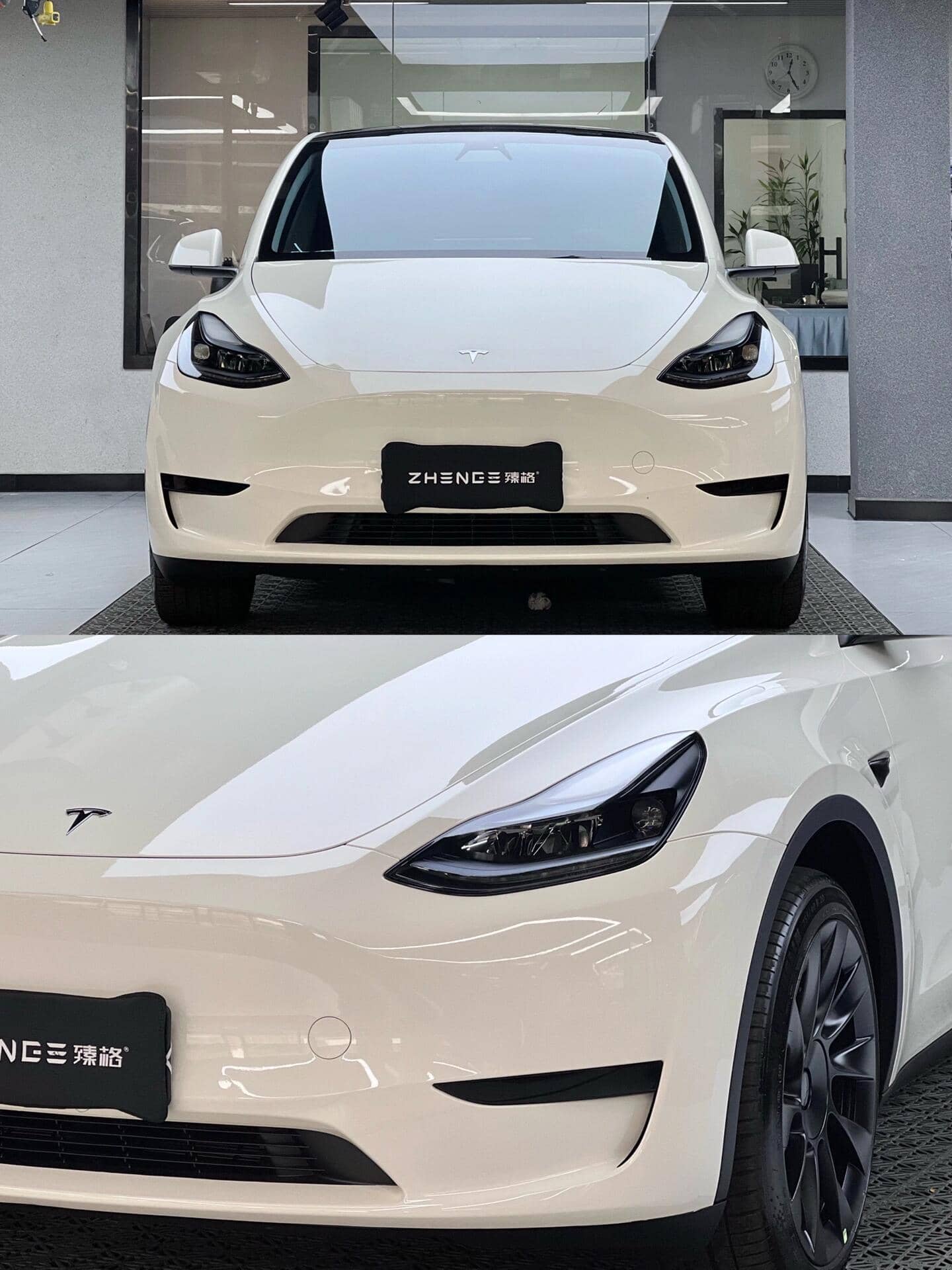White Tesla Model Y featuring a Pre-cut Tesla Vinyl Wrap Kit by WrapBug for sleek car customization