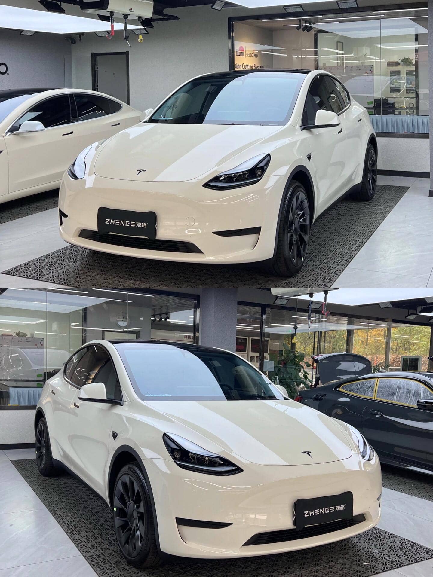 White Tesla Model Y wrapped with a Pre-cut Tesla Vinyl Wrap Kit by WrapBug in a showroom