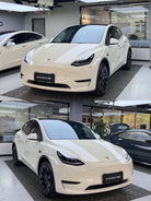 White Tesla Model Y wrapped with a Pre-cut Tesla Vinyl Wrap Kit by WrapBug in a showroom
