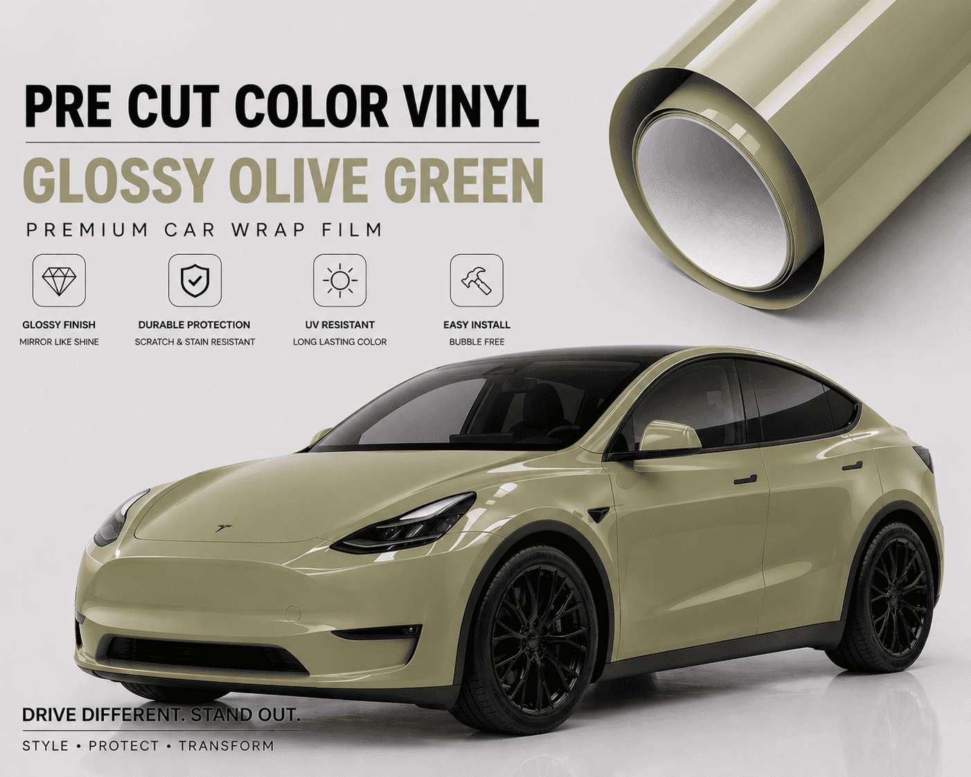 Pre-cut Tesla Vinyl Wrap Kit in glossy olive green showing a wrapped Tesla SUV and vinyl roll