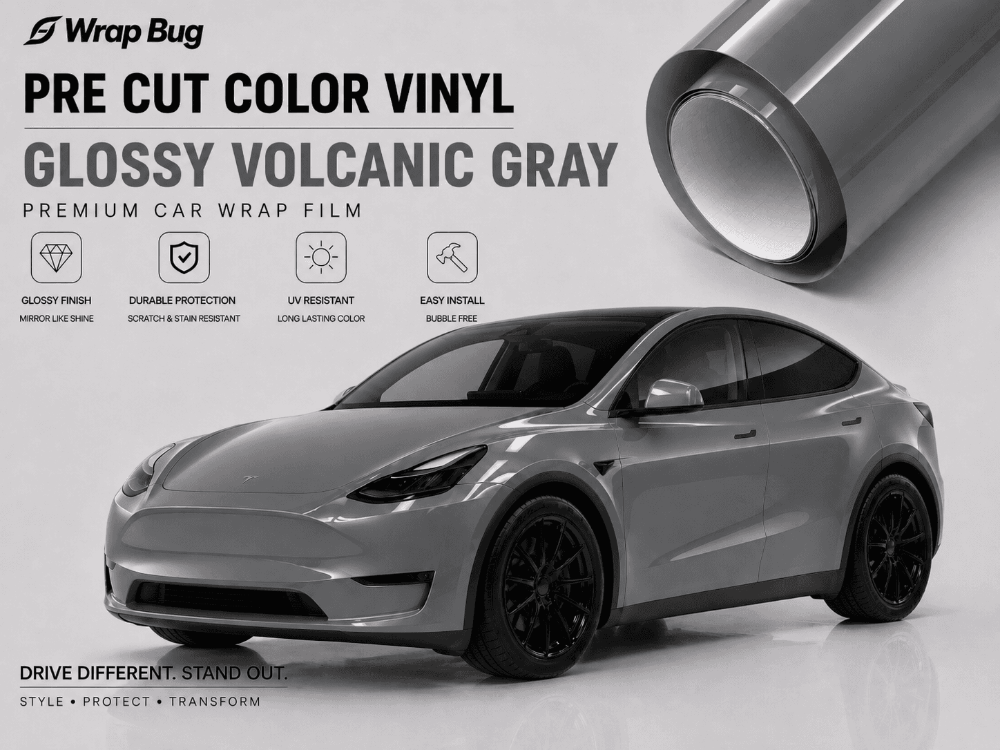 Pre-cut Tesla Vinyl Wrap Kit in glossy volcanic gray displayed on a Tesla Model Y with a premium car wrap film roll