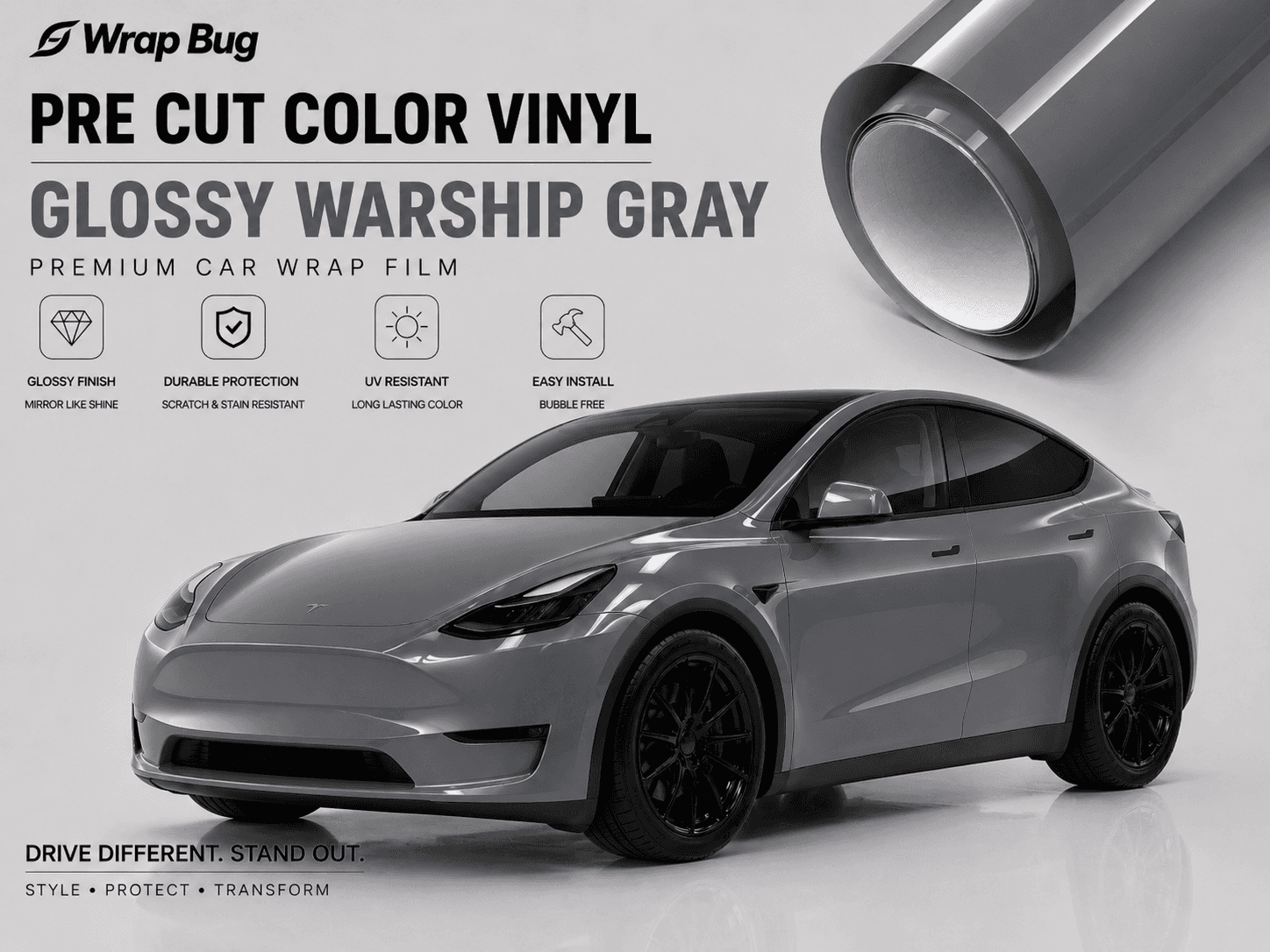 WrapBug pre-cut Tesla vinyl wrap kit in glossy warship gray showing a wrapped Tesla car and vinyl roll