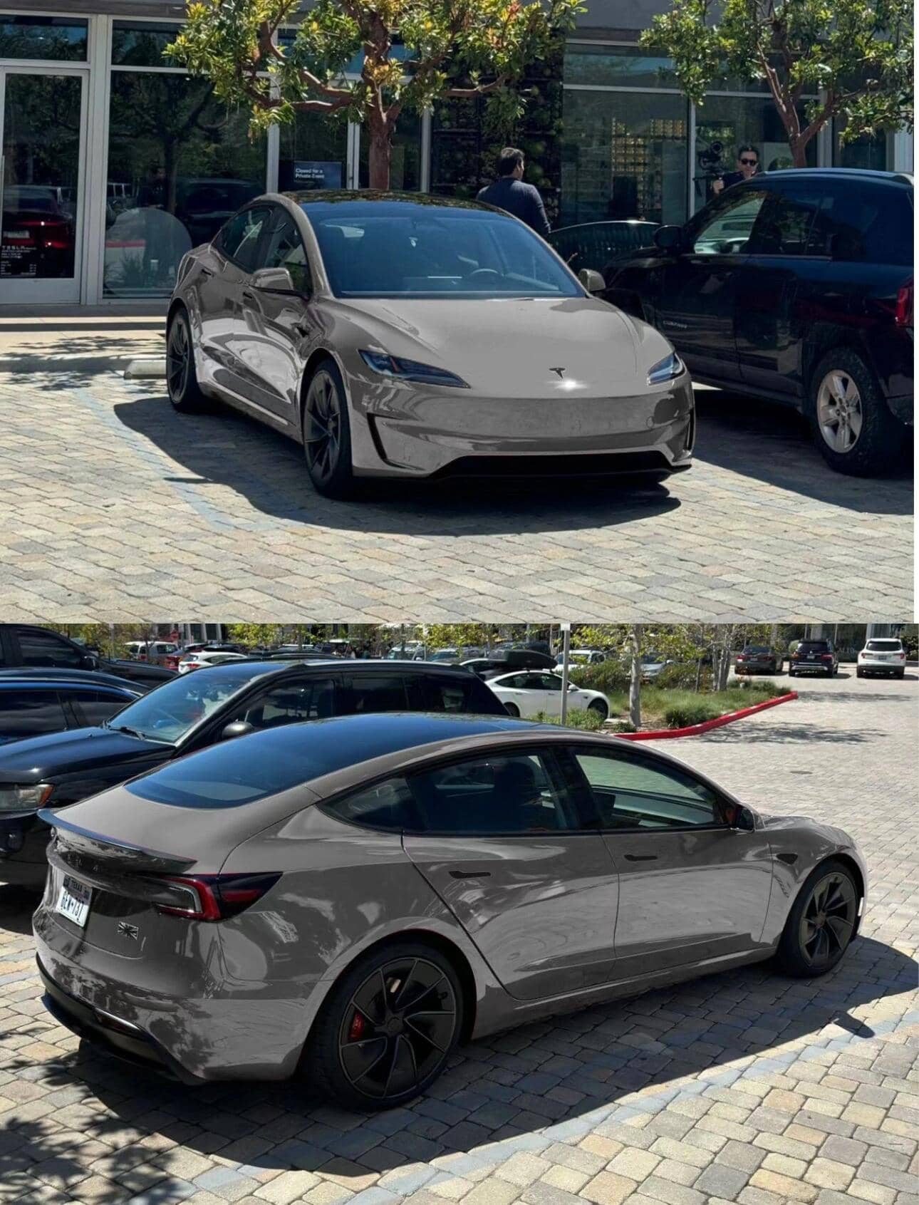 Gray Tesla sedan fully covered with a pre-cut Tesla vinyl wrap kit parked outdoors on a sunny day