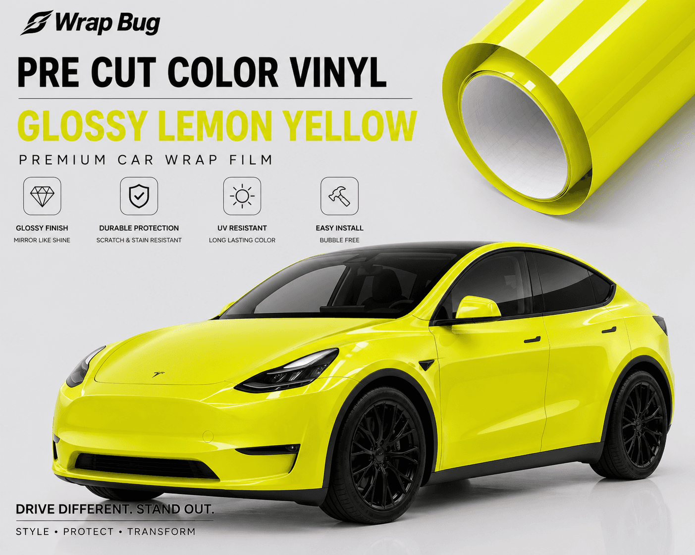 Glossy lemon yellow Pre-cut Tesla Vinyl Wrap Kit applied on a Tesla Model Y for vibrant car color
