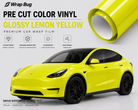 Glossy lemon yellow Pre-cut Tesla Vinyl Wrap Kit applied on a Tesla Model Y for vibrant car color