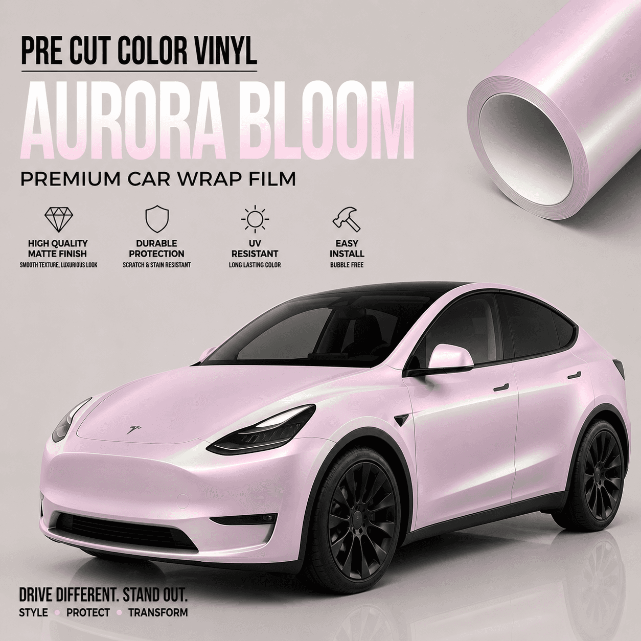WrapBug Pre-cut Tesla Wrap Kit in Aurora Bloom pink matte premium vinyl film for car wrap