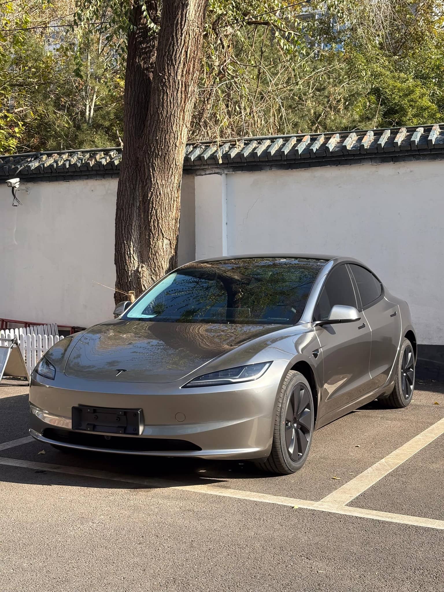Silver Tesla Model 3 parked outdoors featuring WrapBug pre-cut Tesla wrap kit applied