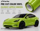Pre-cut Tesla Wrap Kit in glossy apple green vinyl showcasing a wrapped Tesla SUV with durable, UV resistant car wrap film
