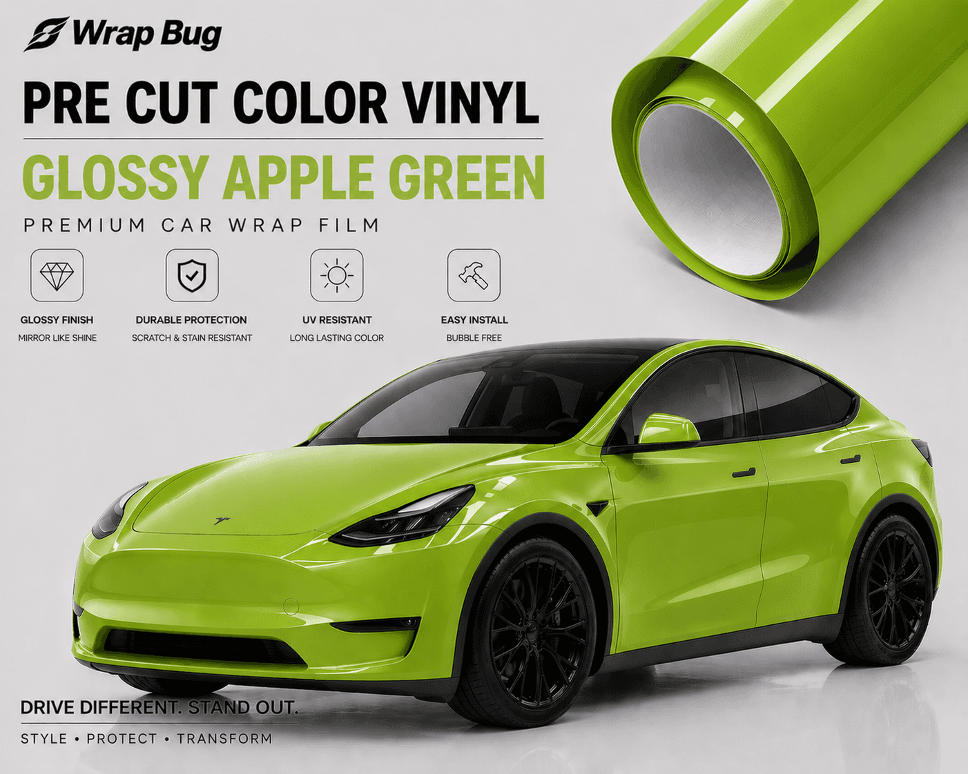 Pre-cut Tesla Wrap Kit in glossy apple green vinyl showcasing a wrapped Tesla SUV with durable, UV resistant car wrap film