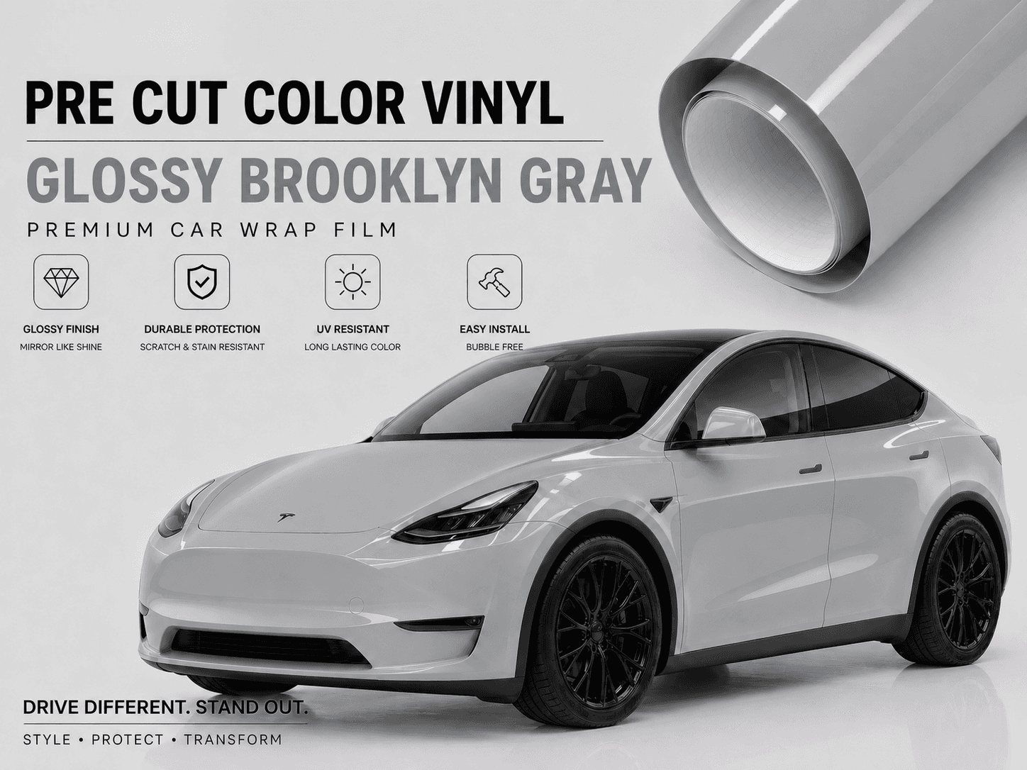 Pre-cut Tesla Wrap Kit in Glossy Brooklyn Gray vinyl for Tesla Model Y with durable, UV resistant finish