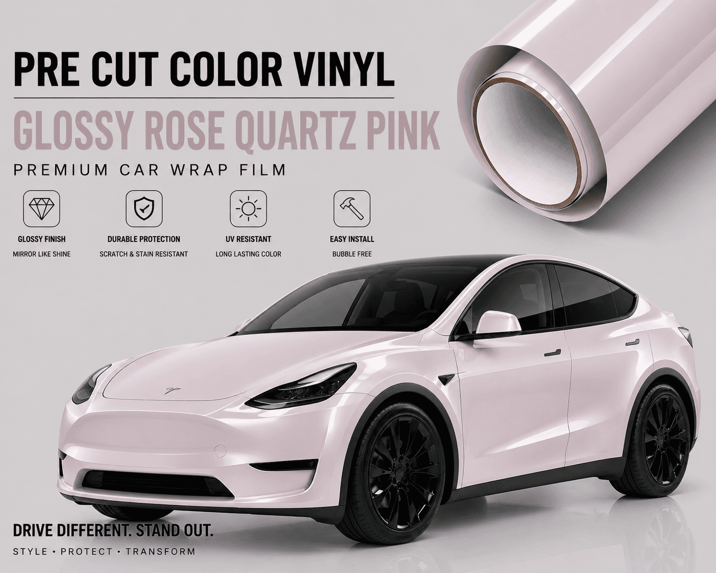 Glossy rose quartz pink Pre-cut Tesla Wrap Kit showing vinyl roll and Tesla Model Y car with premium car wrap film