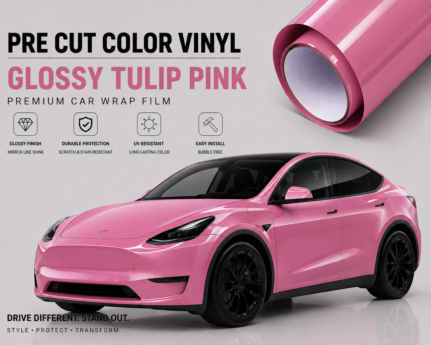 WrapBug Pre-cut Tesla Wrap Kit in Glossy Tulip Pink vinyl with durable, UV resistant finish