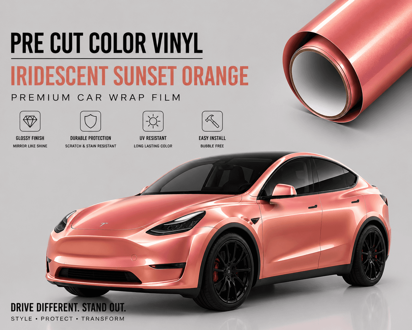Pre-cut Tesla Wrap Kit in iridescent sunset orange vinyl applied on a Tesla Model Y with glossy finish