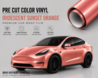 Pre-cut Tesla Wrap Kit in iridescent sunset orange vinyl applied on a Tesla Model Y with glossy finish